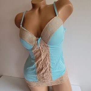 Native Intimates Silky Teal Beige Lace Trim Camisole Bra Corsette Y2K 36C Large
